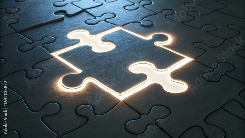 Puzzle piece mockup forming glowing product logo
