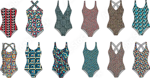 Display of twelve one piece swimsuits with assorted geometric and abstract patterns on a white background