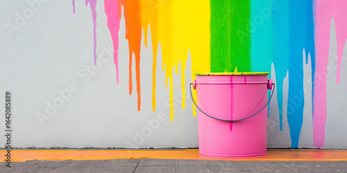 Paint bucket spilling neon dreams on wall