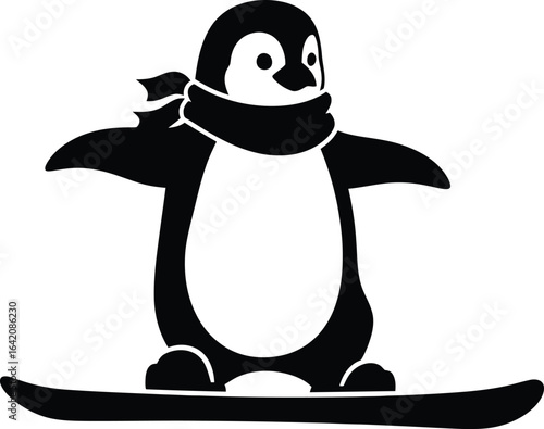 Cute penguin snowboarding with scarf silhouette