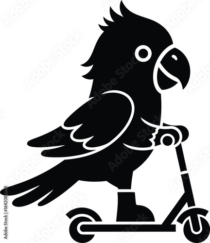 Cute cartoon cockatoo riding a scooter silhouette