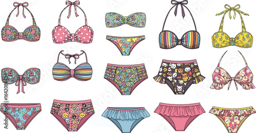 Illustration showing various bikini tops and bottoms with different patterns on a light blue background