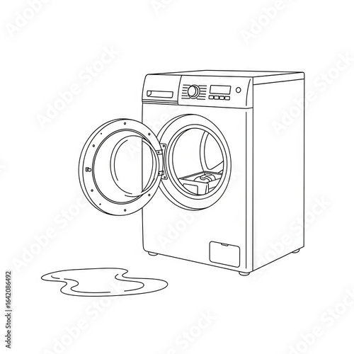 Outline of washing machine with open door and water spill on floor  