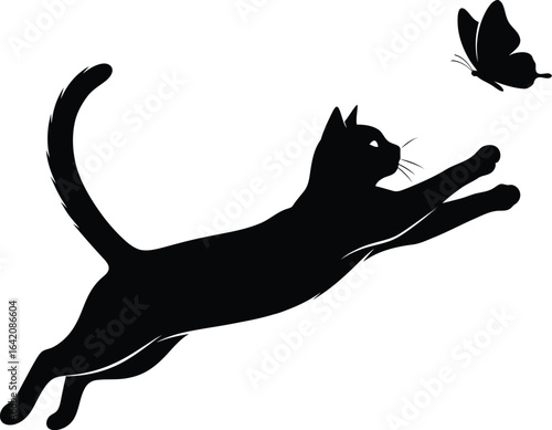 Black cat jumping to catch a butterfly silhouette