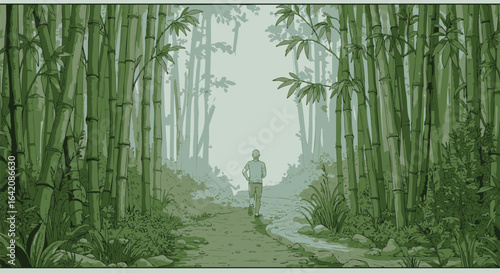 A solitary person embarks on a journey along a tranquil path through a misty, green bamboo forest in a digital art style.