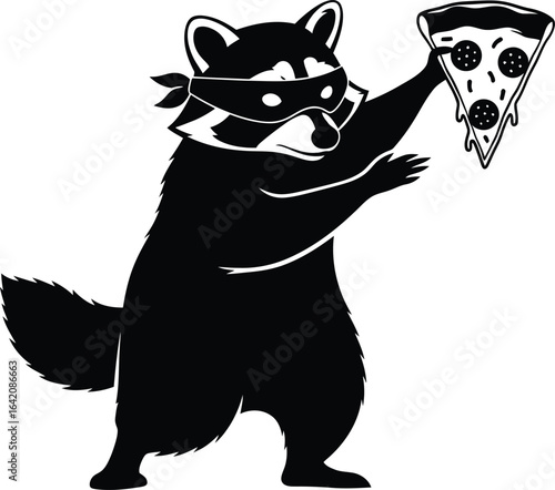 Funny raccoon wearing a mask holding a slice of pizza silhouette