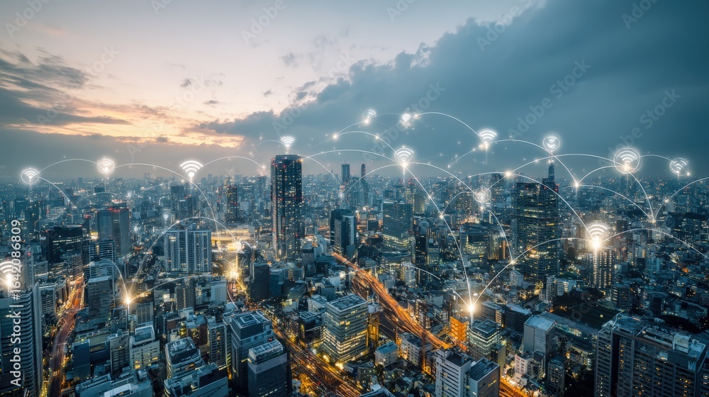 Fototapeta premium Cityscape Network Connection: Aerial View of Urban Technology with Wireless Communication Infrastructure and Modern Skyline