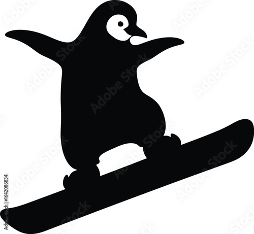 Penguin snowboarding with outstretched wings silhouette