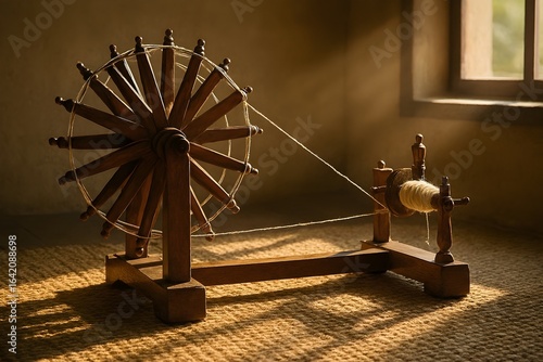 Vintage indian spinning wheel textile industry handloom charkha craft traditional weaving machine equipment