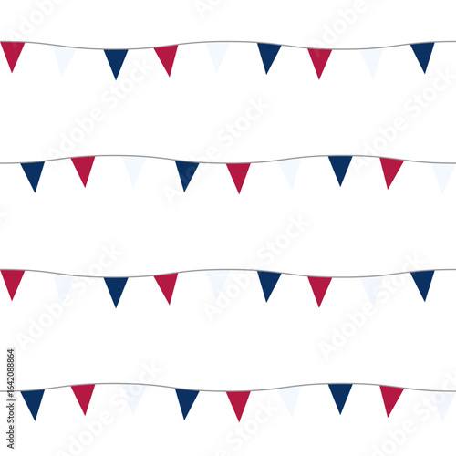 Abstract colorful pattern. Seamless print composed of red, blue, white flags on white background. Festive garland of triangle flags of French colors