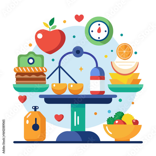 Weighing Scale with Healthy and Unhealthy Food Icons Vector Illustration