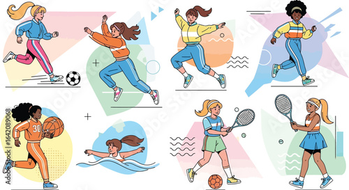 Diverse group of young women participating in various sports activities on a colorful background
