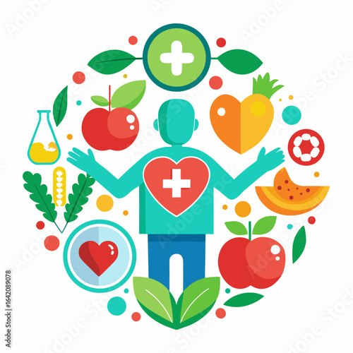 Abstract Human Figure Holding Heart and Medical Cross with Health Icons Vector