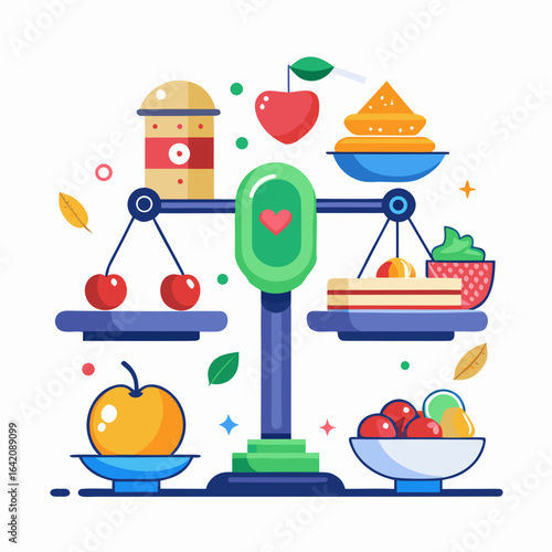 Weighing Scale with Healthy and Unhealthy Food Icons Vector Illustration
