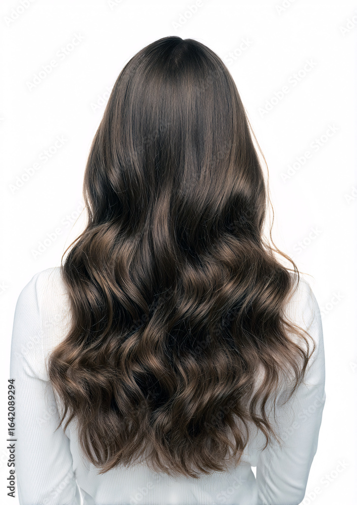 Naklejka premium Long Brown Wavy Hair: Back View, Luxurious Locks, Hairstyle Inspiration