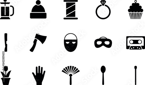 Collection of Minimalist Black Glyph Icons: Objects, Tools, and More