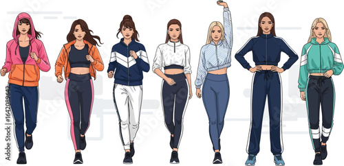 Seven women in athletic wear posing in a line against a white background in a cartoon style image
