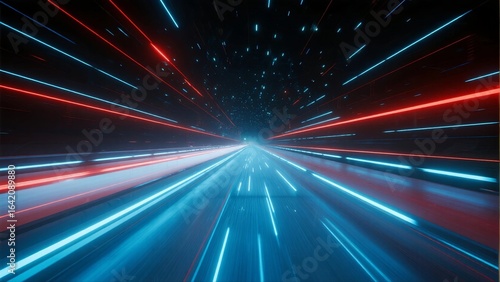Fast-moving neon light trails creating dynamic speed effect in dark space