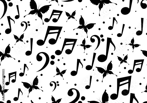 Seamless pattern with music notes and butterfly. Music symbol pattern in doodle style. Music notes. Vector seamless pattern with black music notes and butterfly