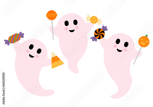 Set of illustrations of ghosts with sweets. Happy Halloween. Three flying ghost spirit set. Scary white ghosts family