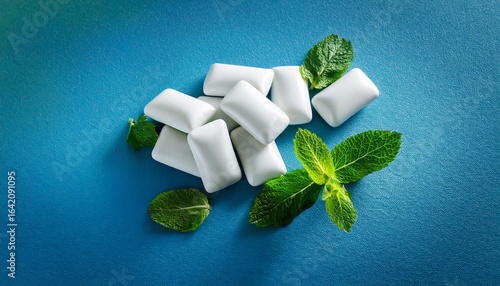 fresh chewing gums with mint on blue background