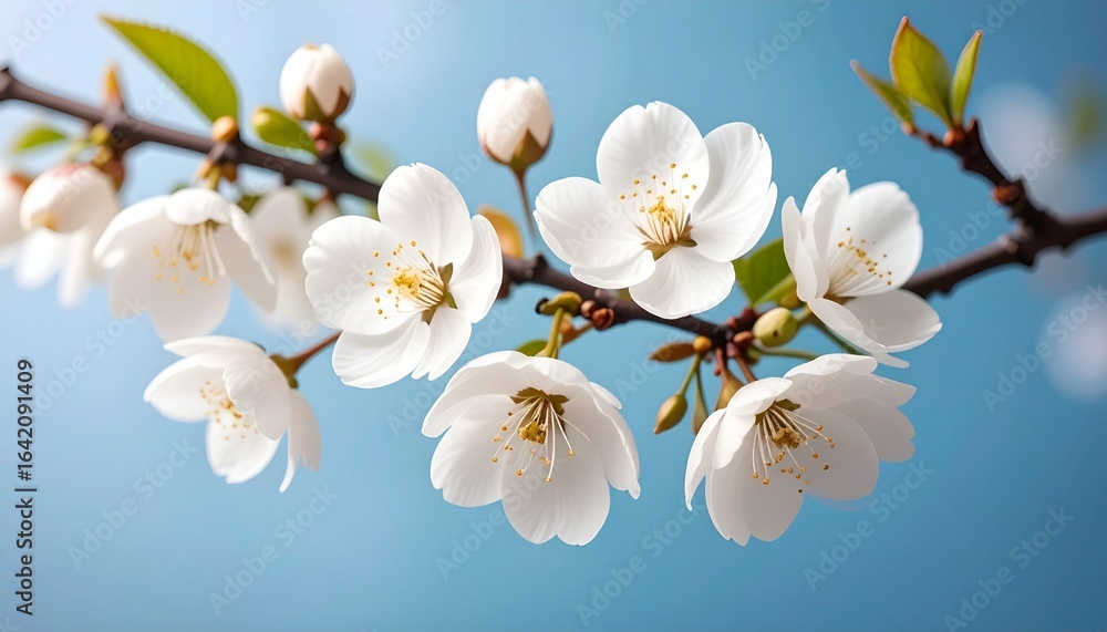 Obraz premium White blossoms with yellow stamens on leafy branch against clear blue sky