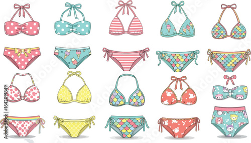 Collection of colorful cartoon bikini sets with various patterns displayed on a white background