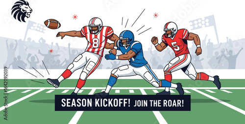 Illustrated football players in action on a green field with a crowd and season kickoff message