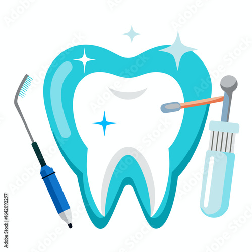 Shiny White Teeth with Dental Tools Vector Illustration for Oral Hygiene