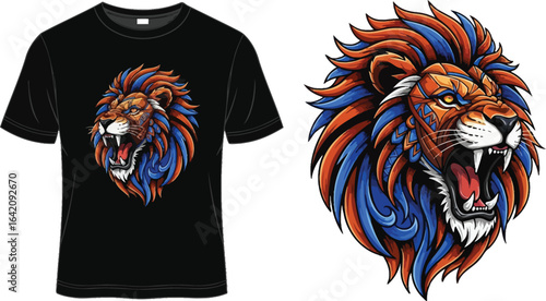 A black t shirt with an illustration of a lion's head and a separate lion head illustration