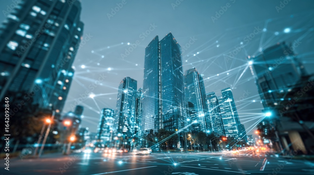 Fototapeta premium Futuristic Cityscape with Network Connections and Modern Architecture, Representing Global Connectivity and Technological Advancement