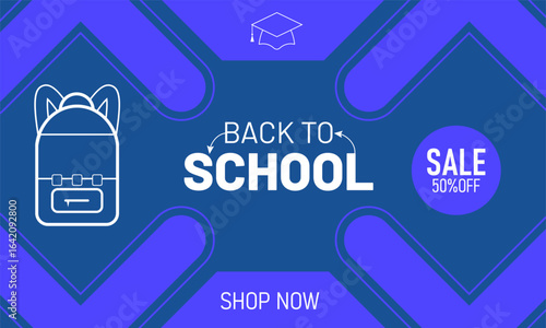 Back to school vector sale banner with colorful flat design stationery and 50% discount label. Perfect for promoting educational supplies, books, and classroom items. Includes bright typography, shop 