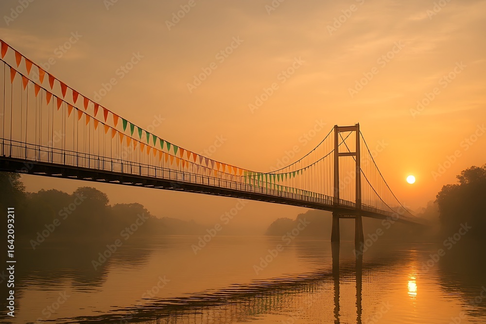 Obraz premium Suspension bridge over river at sunrise scenic view travel destination golden hour landscape photography