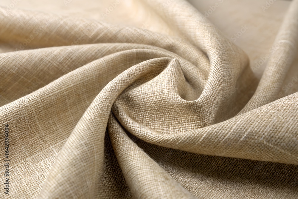 Fototapeta premium Closeup of a natural beige linen fabric with a soft texture, showing intricate weave and elegant folds