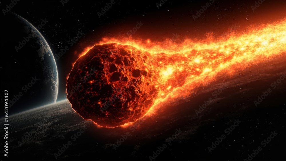 Obraz premium Massive fiery meteor hurtles toward Earth, engulfed in intense flames and leaving a trail of thick smoke. The planet’s curvature and illuminated atmosphere contrast with the dark expanse of space. 