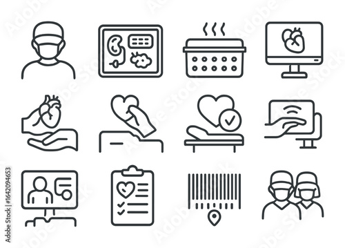 Bioprinting Surgery Icons. Outline icon set of clinical integration of bioprinted parts: surgeon icon, implant