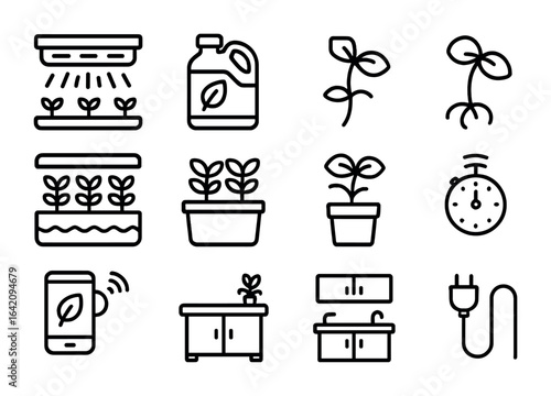 Indoor Herb Growing Icons. Outline icon set of indoor herb growing: LED grow light, seed pod, nutrient