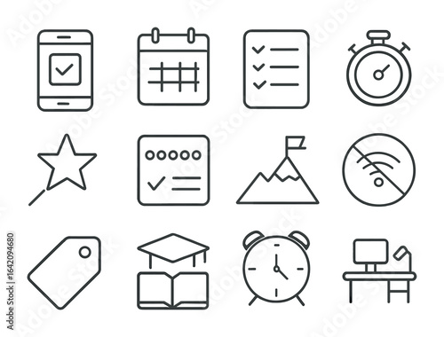 Productivity Icons Grid. Outline icon set of productivity in education: planner app, calendar, to-do list,