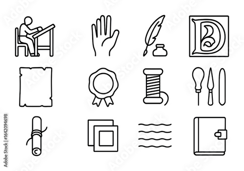 Medieval Bookmaking Icons. Outline icon set of early book production: scribe desk, hand illustration, quill