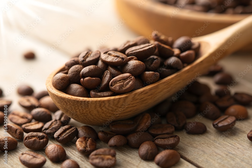Fototapeta premium Closeup of roasted coffee beans in a wooden spoon on a rustic wooden surface, highlighting their rich color and texture