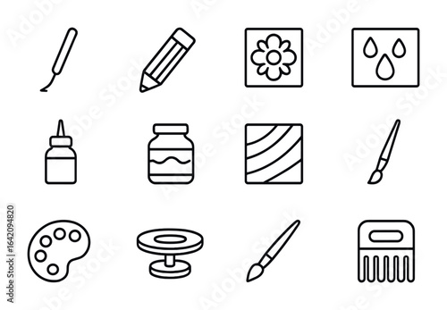 Ceramic Decoration Icons. Outline icon set of ceramic surface decoration: sgraffito tool, underglaze pencil,