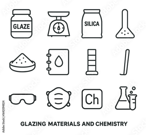 Glazing Materials Icons. Outline icon set of glazing materials and chemistry: glaze jar, ingredient scale,