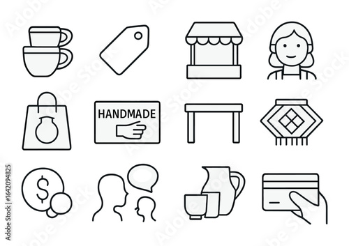 Artisan Pottery Icon Set. Outline icon set of artisan market pottery stall: ceramic cup stack, price tag,