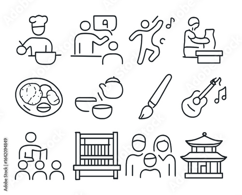 Cultural Immersion Icons. Outline icon set of cultural immersion experiences: cooking class, language lesson,