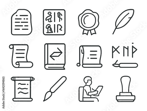 Ancient Script Icons. Outline icon set of ancient language and script: stone tablet, hieroglyphs, wax seal,