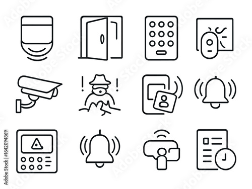 Security Devices Icon Set. Outline icon set of security alarm devices: motion sensor, door alarm, keypad lock,