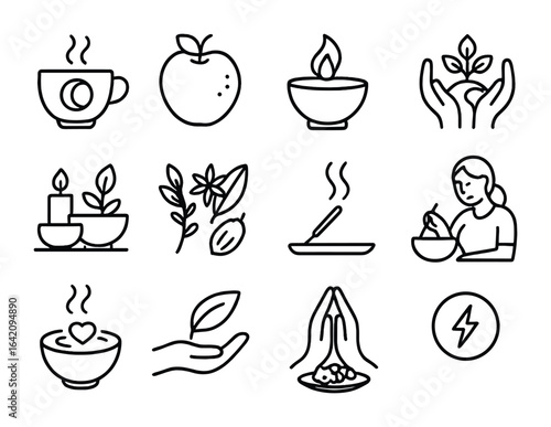 Spiritual Nourishment Icons. Outline icon set of spiritual nourishment with food: full moon tea, sacred fruit,