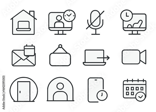 Remote Work Icons. Outline icon set of remote work boundaries: home office icon, video call timer, mute mic,