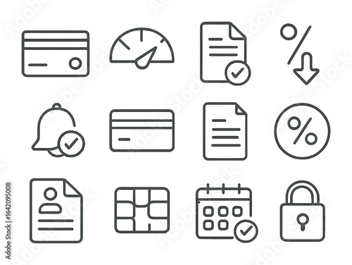 Credit Management Icons. Outline icon set of credit management: credit card, credit score meter, loan document