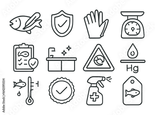 Seafood Safety Icons. Outline icon set of seafood health and safety: thermometer fish, sanitation icon, gloves